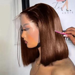 Perruque Bob Lace Frontal 13x4 naturelle, <span class=keywords><strong>cheveux</strong></span> courts, brun <span class=keywords><strong>chocolat</strong></span>, 100% <span class=keywords><strong>cheveux</strong></span> naturels, avec baby hair, densité 180%, #4 - Product Image 1
