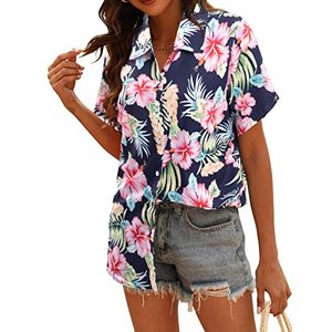 Blusas Femininas de Manga Curta com Decote em V e Botões, Estampadas com Flores Tropicais, Camisas Havaianas - Product Image 4