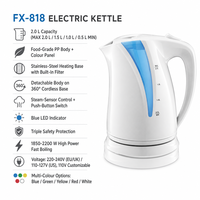 Bouilloire électrique 2,0 L, corps en PP de qualité alimentaire, base chauffante en acier inoxydable, base sans fil 360°, arrêt automatique, 220-240V