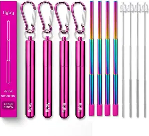 Portable Reusable Drinking Straws Collapsible Foldable Telescopic Stainless Steel Metal Straw with Aluminum Case