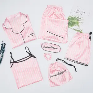 الربيع الصيف Homewear الوردي 7 قطع مخطط نوم لباس نوم من الحرير منامة للنساء مجموعة