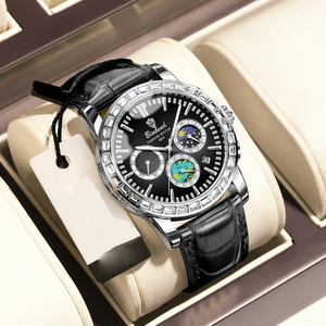 Montre-bracelet à quartz étanche BINBOND pour homme, 43 mm, avec cadran ciel étoilé, chronographe, bracelet en cuir et phase de lune - Product Image 2