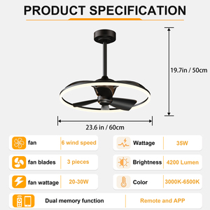 Ventilateur de plafond moderne minimaliste noir en plastique de 23,6'' avec lumière, télécommande APP, LED dimmable, moteur DC silencieux et réversible pour chambre à coucher - Product Image 6