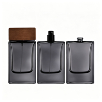 Flacon vaporisateur de parfum personnalisé 50 ml, luxe, transparent, noir, rectangulaire, en verre, avec couvercle en bois