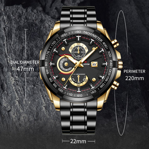Montre chronographe sport pour homme, cadran noir, or rose, acier inoxydable, montre-bracelet décontractée pour homme - Product Image 6