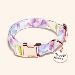 Collar de Perro de Algodón Estampado con Diseño Floral, Personalizado, Moderno, Elegante, Color Morado, Talla S, Suave y Duradero - Product Image 1