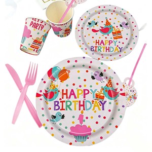 Ensemble de vaisselle jetable pour fête d'<span class=keywords><strong>anniversaire</strong></span> d'enfants, thème à pois avec assiettes, gobelets, serviettes, chapeau et bannière - Product Image 3