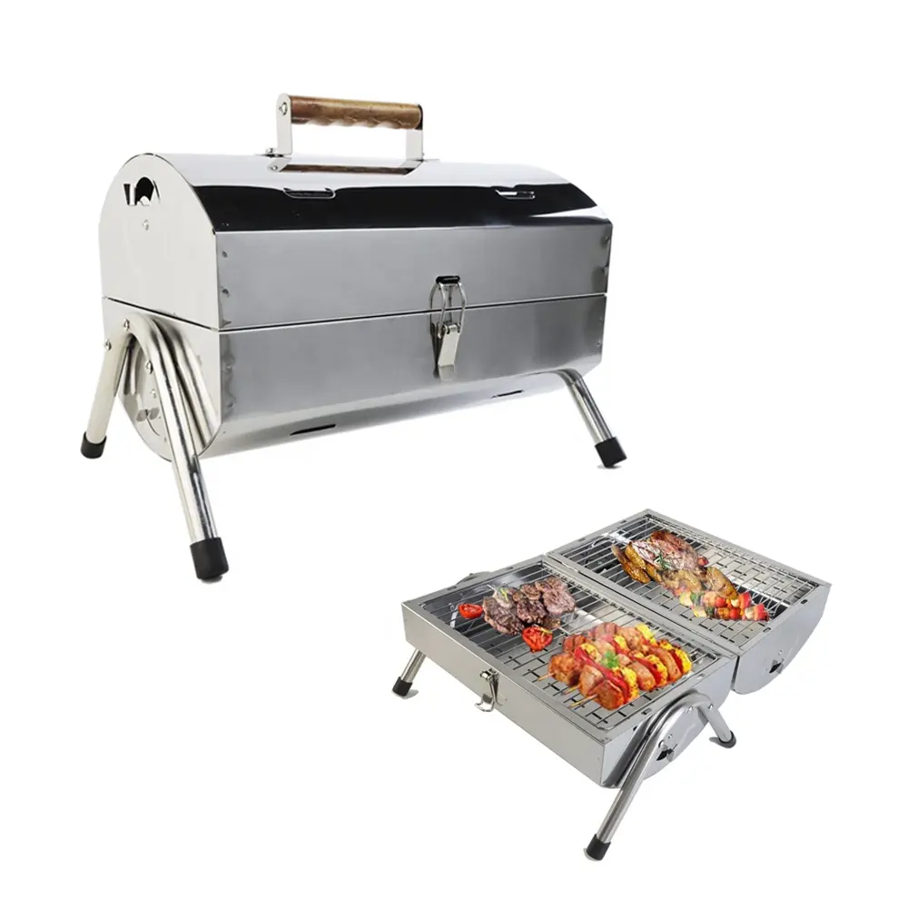 Portable Barrel BBQ Grill Customized Logo Stainless Steel Double Sided Charcoal Grills with Lid and Convenient Handle