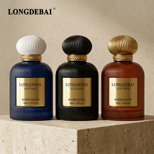 Botella de Perfume de Vidrio Redonda de Lujo de 100 ml con Rayas, Pulverizador, Botella de Perfume Negra Personalizada con Etiqueta Metálica - Product Image 2