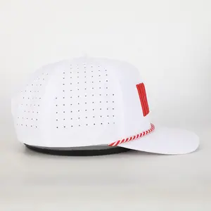 Boné de beisebol esportivo com corda bordada personalizada para OEM, chapéu de poliéster de alta qualidade à prova d'água com 5 painéis e gorras com corte a laser