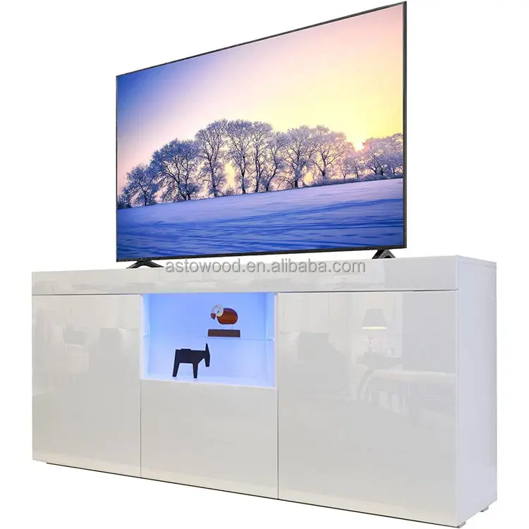 135cm LED TV Tủ Tv hiện đại đứng với đèn giải trí, lưu trữ cho phòng khách phía trước có độ bóng cao Trắng