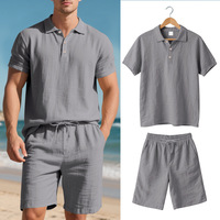 Ensemble de vêtements pour hommes de haute qualité, respirant pour l'été, en lin uni, polo à manches courtes et short à cordon de serrage