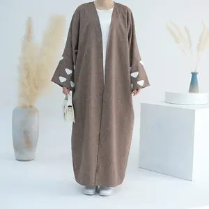 2024無地リネンアバヤトルコEIDラマダンイスラム服イスラム教徒の女性のドレス控えめな着物カーディガンオープンアバヤ