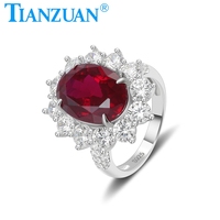 Bague en argent sterling 925 avec pierre principale en rubis rouge sang de pigeon ovale de 10x14 mm et moissanite ronde blanche pour femmes et filles