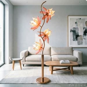 Lampe sur pied moderne en fer avec abat-jour en verre rose, LED blanc chaud, douille E26, facile à installer, motif fleur de lotus - Product Image 5