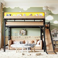 Lit superposé moderne en métal taille Queen avec armoire, station de charge, éclairage LED, étagères de rangement et glissière pour appartement adulte