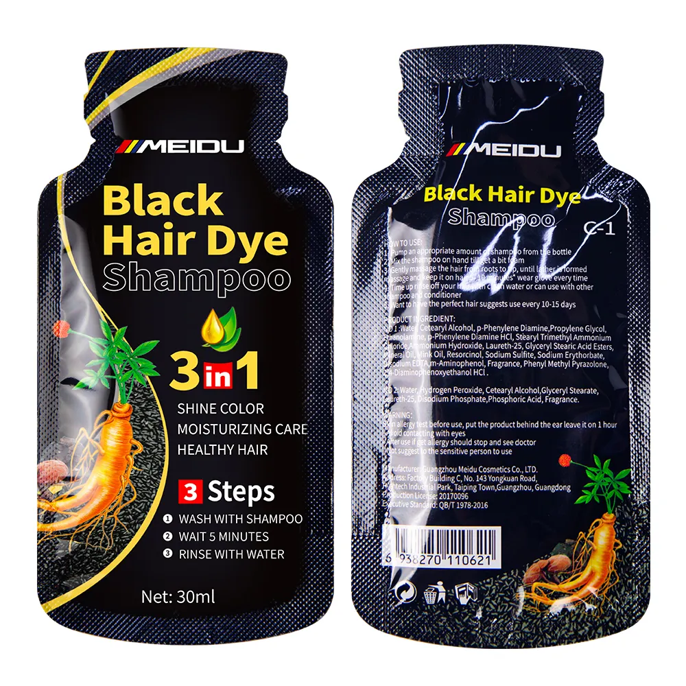 Logotipo personalizado meidu bolsita color de pelo champú a base de hierbas ginseng 3 en 1 al por mayor Amoníaco libre permanente negro tinte de pelo champú