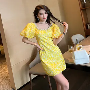 20097厂家批发夏季梭织面料黄色连衣裙女士优雅女士正装