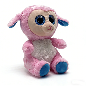 Peluche d'agneau rose moelleuse personnalisée, avec de grands yeux ronds bleus brillants, visage beige crème, nez d'agneau rose cousu. - Product Image 2