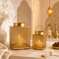 Lot de lanternes de luxe en métal doré pour le Ramadan, style marocain ajouré géométrique, pour la décoration de la maison et des mariages de l'Aïd