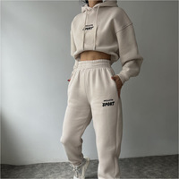 Personalizado Puff estampado Y2K Sudadera con capucha otoño mujeres señoras dos piezas de pantalón Jogger conjunto sudor bolsillo Crop Sweatsuit 2 piezas pantalones conjuntos