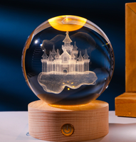 Nouvelle lampe de nuit en boule de cristal 3D gravée au laser, boule de cristal de 6 cm/8 cm, lumières de nuit en forme de lune avec base en bois, lampe de nuit tactile