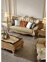 Canapé en bois massif et cuir véritable de luxe léger de style français fabriqué à la main pur, ensemble de canapés villa sculptés royaux européens