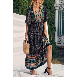 Women's Casual Summer Boho Floral Print V Neck Short Sleeve High Waist Long <b>Maxi</b> Dress Loose Woven Breathable Beach Wear - Product Image 4