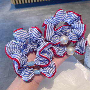 Chouchous élastiques en tissu rayé bleu bords rouges pour femmes et filles retour à l'école accessoires de <span class=keywords><strong>cheveux</strong></span> en gros - Product Image 2