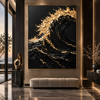 Peinture sur toile texturée 3D Vague Océanique Or Noir, Art Mural de Luxe Paysage Marin pour Hôtel, Villa, Bureau, Décoration de Salon