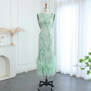 Robes de soirée arabes de luxe en plumes vert sauge, dos croisé, mi-longues, robes de soirée formelles pour mariage, SZ436-1 - Product Image 3