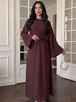 Abaya décontractée traditionnelle en polyester respirant pour femme, manches longues, coupe ample, détail noué, longueur cheville - Couleur unie