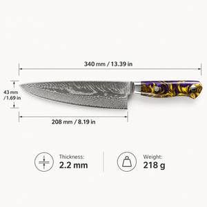 Couteau de chef japonais Gyuto professionnel, lame en acier Damas forgée à la main, ambidextre, tranchant, manche en résine à motif tourbillon violet et jaune - Product Image 6