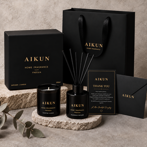 Aikun <b>Black</b> Glass Woody Fragrance Single Wick Scented Candle <b>Reed</b> <b>Diffuser</b> Set with Oud Cedar Gift Box Custom Label Direct OEM - Product Image 1
