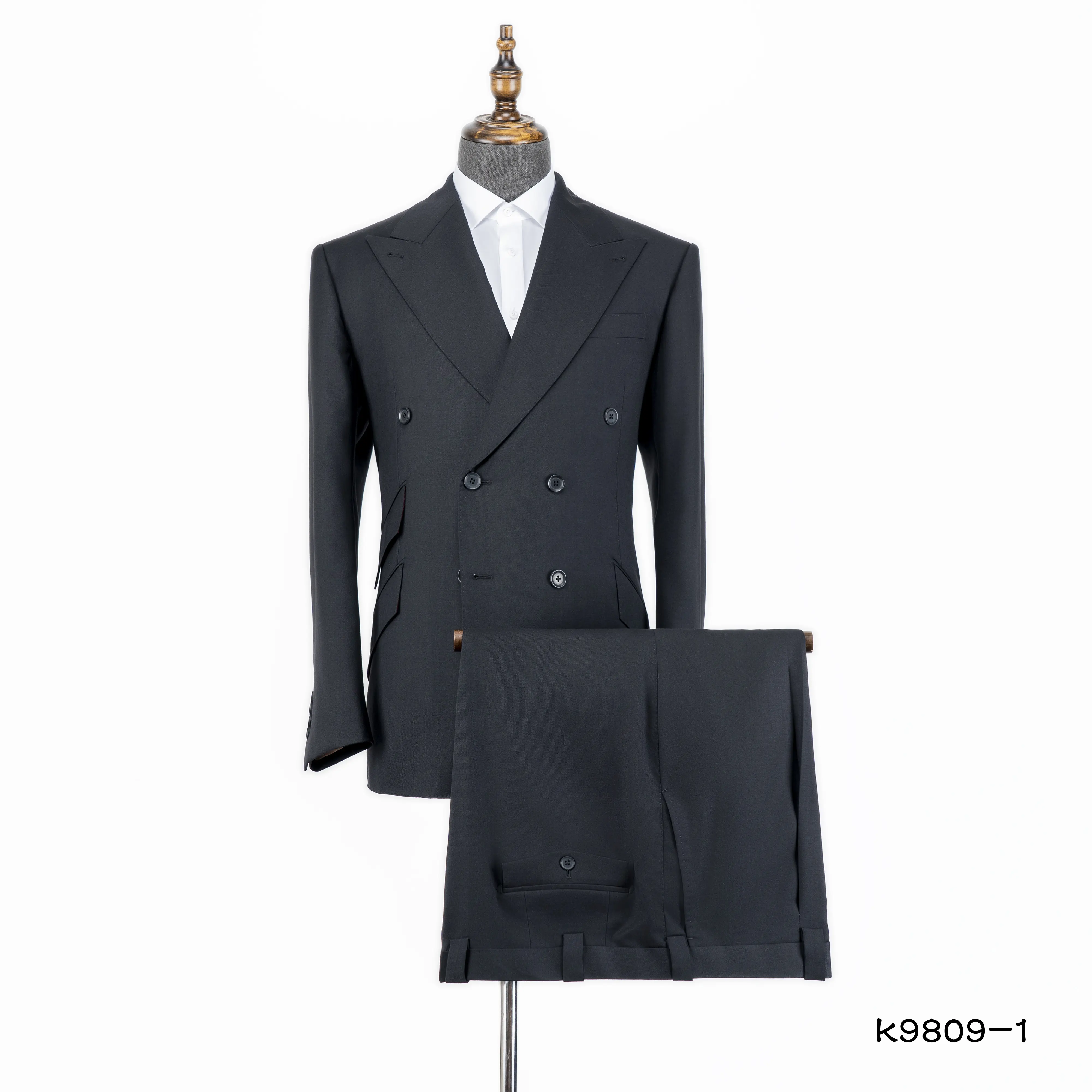 Double Breasted Black Two Pieces Three Pockets Made To Measure Custom Made Wool Mens Business Casual Tailored Peaked Suit