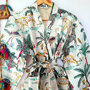 Robe Kimono Vintage Kantha pour Femme, Imprimé Floral et Animal, en Coton, Kaftan Longue Manches, Taille Élastique, Col en V, Longueur Complète, Séchage Rapide - Product Image 1