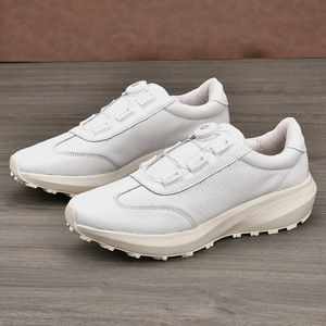 Chaussures de marche pour hommes en cuir véritable, bout rond, fermeture à boucle, semelle extérieure en caoutchouc respirante, chaussures décontractées blanches - Product Image 1