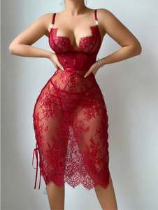 H3978 2025 Robe longue fendue sur le côté en dentelle rouge érotique, robe moulante sexy, chemise de nuit sexy à décolleté plongeant, lingerie pour la première nuit - Product Image 3