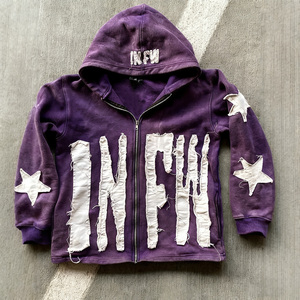 Sweat à capuche zippé en coton délavé <span class=keywords><strong>vintage</strong></span> pour <span class=keywords><strong>homme</strong></span>, avec patchwork étoiles et lettres vieillis, style streetwear, personnalisable - Product Image 1