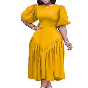 Nuovi abiti a pieghe con maniche a mezza sbuffo alla moda moda donna Plus Size elegante abito Midi arricciato Casual - Product Image 3