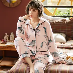 KKVVSS-Conjunto de pijama de franela para mujer, pantalones de manga larga, talla grande, otoño e invierno, 6500