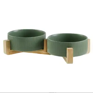 Chat et chien en céramique simple cadre en bois intégré double bol de nourriture pour chat pour empêcher l'eau renversée bol de riz pour chien