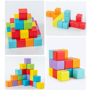 Cubes Counting Square Colorful Wooden <b>Building</b> <b>Blocks</b> Stacking Game - Product Image 3