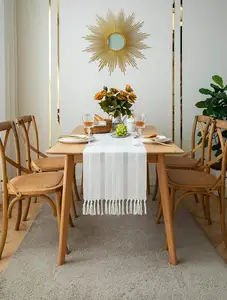 Skymoving Home Textiles New Custom Widehollow White Green Buff Linen Table Runners With Hand-Woven Tassels For Dining Party