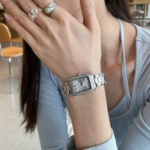 CILOA Women's Silver <b>Rectangular</b> <b>Watch</b> Diamond Bezel Roman Numeral Dial Luxury Casual Quartz Wristwatch - Product Image 1