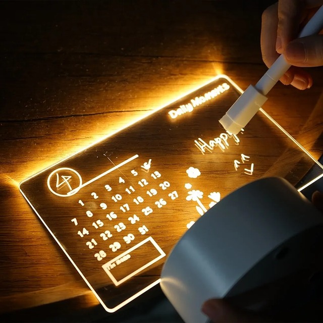 Custom DIY Rectangular LED Night Light Note Message Board USB Blank Acrylic Writing on Dry Erasable Wooden Base for Living Room