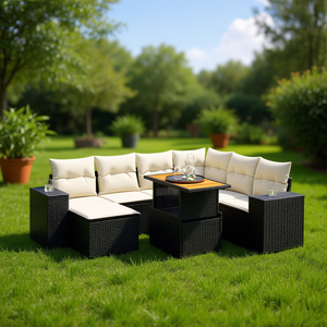 Conjunto de Sofá de Jardín de Ratán Negro con Cojines Crema, Muebles de Exterior de 6 Plazas con Mesa, Diseño Contemporáneo - Product Image 2