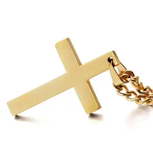 Collier Hip Hop en or avec pendentif croisé pour homme, chaîne longue, Simple et de haute qualité, vente en gros