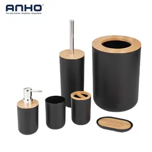 Modern European Style Household Plastic Bathroom Sets Luxury 6 Pieces Bamboo Lid Bathroom Accessories For Hotels