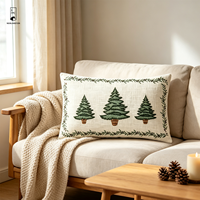 Housse de coussin lombaire brodée de Noël 50x30 en coton et lin, motif arbre, taie d'oreiller avec bordure en dentelle brodée pour canapé et décoration intérieure